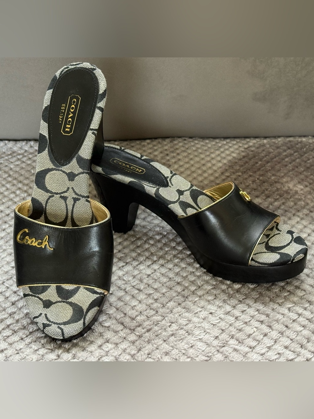 Coach Black Leather & Signature Canvas Slide Mules